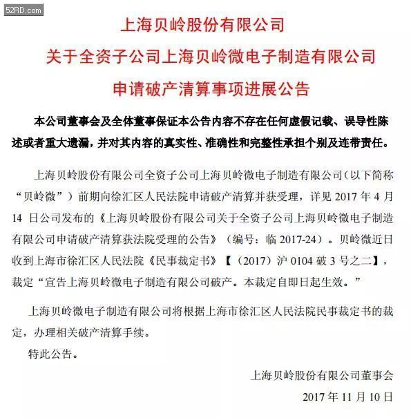 上海贝岭微电子正式宣告破产
